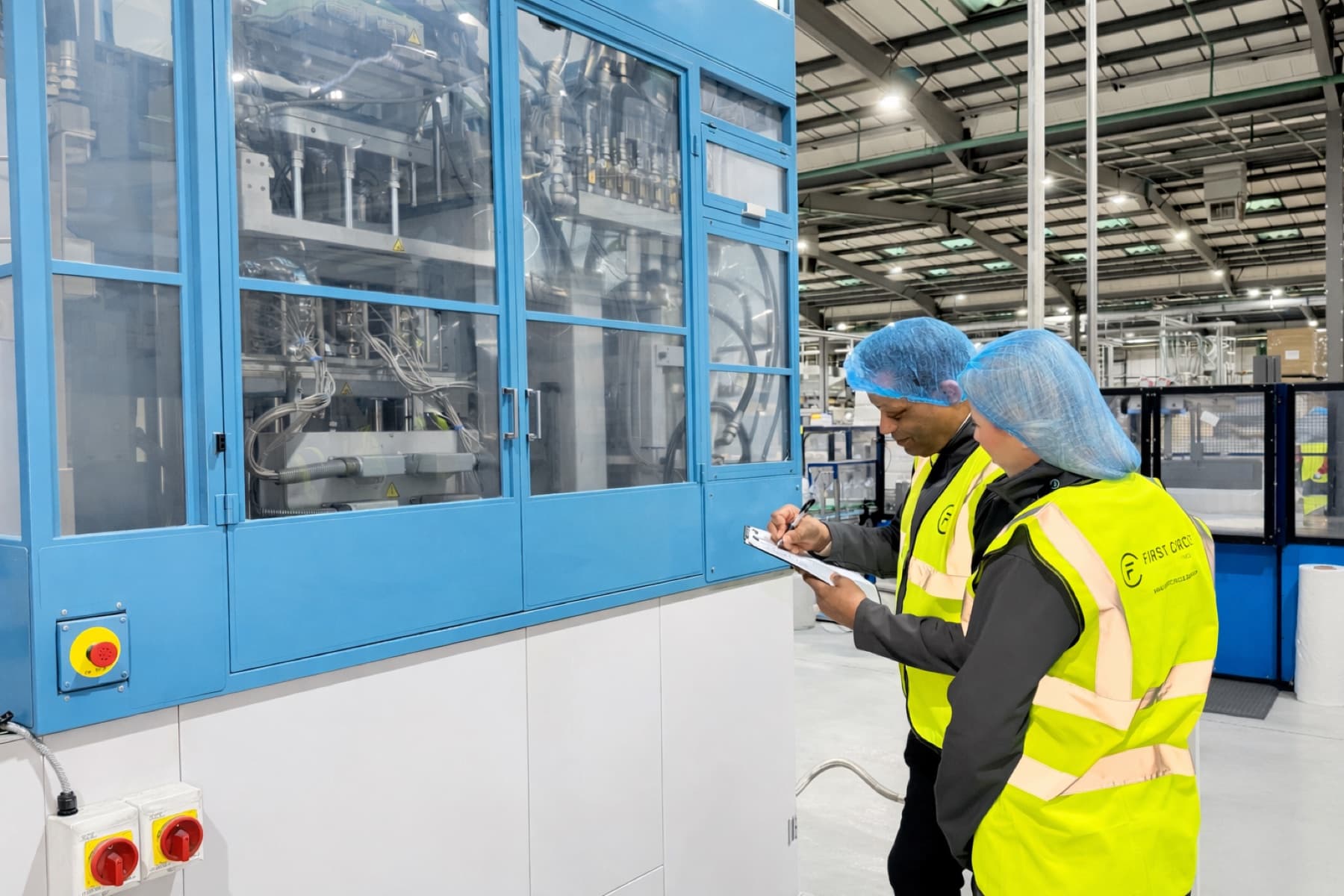 Team inspecting a blow-moulding cell